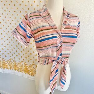 Vintage Y2K Handwoven Cotton Crop Top Button Front Tie Hem Small